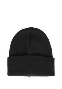 Cappello beanie nero lavorato a maglia con orlo risvoltato, texture liscia e cima senza cuciture. Presenta un design semplice e privo di decorazioni.