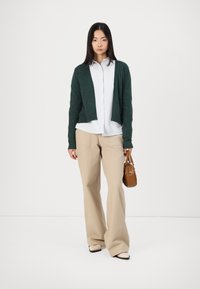 Groene, korte gebreide cardigan over een gestreepte overhemd met knopen, gecombineerd met beige wijde broekspijpen. Houdt een kleine bruine handtas vast.