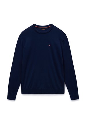 Marineblauer Pullover mit Rundhalsausschnitt und langen Ärmeln, mit kleinem norwegischem Flaggenlogo auf der linken Brust sowie gerippten Bündchen und Saum.