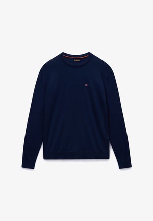 Marineblauer Pullover mit Rundhalsausschnitt und langen Ärmeln, mit kleinem norwegischem Flaggenlogo auf der linken Brust sowie gerippten Bündchen und Saum.