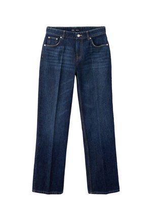 Jean bleu foncé droit avec poches avant, passants de ceinture et fermeture par bouton sur fond blanc.