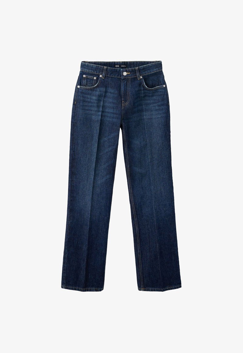 Jean bleu foncé droit avec poches avant, passants de ceinture et fermeture par bouton sur fond blanc.