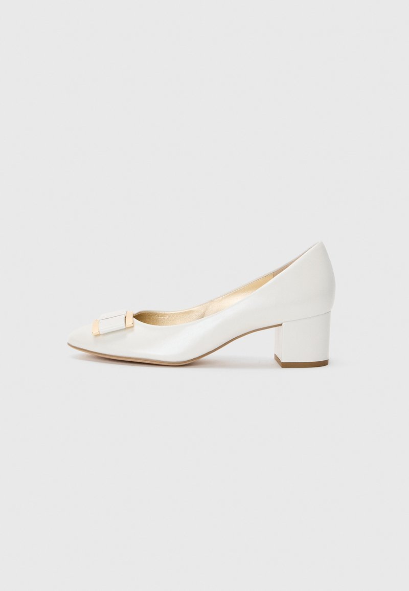 White leather pump with a pointed toe, small block heel, and a decorative gold and white accent on the vamp. Smooth texture throughout.