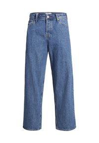 Jeans in denim azzurro chiaro con un design ampio e largo. Presentano una chiusura anteriore con bottone e zip, passanti per cintura e il classico stile a cinque tasche.