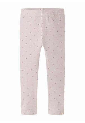 Leggings de bébé rose clair côtelés avec de petits motifs de cœurs rose foncé et une taille élastique, présentés à plat.
