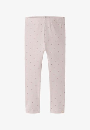 Leggings de bébé rose clair côtelés avec de petits motifs de cœurs rose foncé et une taille élastique, présentés à plat.