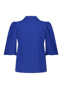Blauwe gestructureerde jasje van gladde stof, met een kraag en opgeblazen korte mouwen, een getailleerde achterkant en geen zichtbare sluitingen.