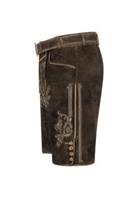 Shorts en cuir marron avec de délicates broderies beige, des poches latérales, des coutures décoratives et des accents de boutons le long de l'ourlet.