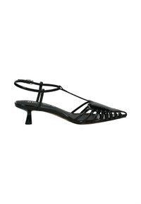 Sandalo slingback con tacco kitten in vernice nera, punta a punta e design traforato sui lati e sulla parte anteriore.