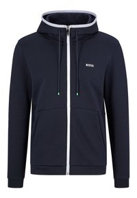 Mörkblå zip-hoodie i mjukt material, med vit dragkedja, framfickor och justerbara snoddar i huvan.