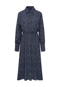 Abito midi a maniche lunghe blu navy con pois bianchi, colletto con bottoni, vita elastica e polsini con bottoni.