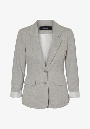 Blazer da donna grigio chiaro con due bottoni, rever a lancia, maniche con polsini e fodera bianca, tasche frontali con patta.
