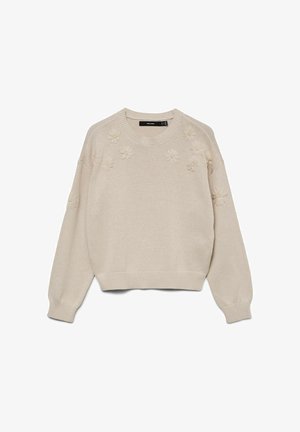 Beež kootud kampsun pikkade varrukatega ja esiküljel ning varrukatel esiletõstetud lillemustriga, millel on soonilised mansetid ja ääred.