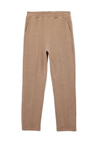 Beige lige bukser lavet af blødt stof, med elastisk talje og to sidelommer. Rent design med syede detaljer.