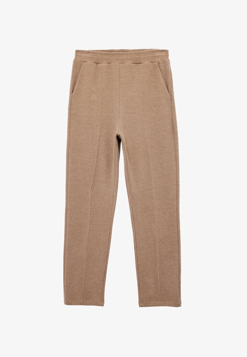 Beige rechtlijnige broek gemaakt van zachte stof, met een elastische tailleband en twee zijzakken. Schoon ontwerp met gestikte details.