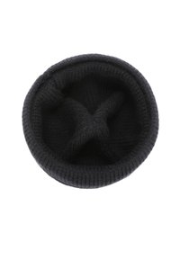 Berretto di lana nero, caratterizzato da una forma rotonda con una texture a costine e una parte superiore piatta, progettato per offrire calore e comfort.