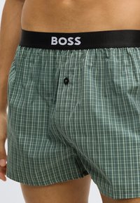Zöld kockás boxernadrágok fekete elasztikus derékrésszel, amelyen fehérrel a "BOSS" felirat szerepel. Egyetlen gombbal és egy folt zsebfedővel ellátva.