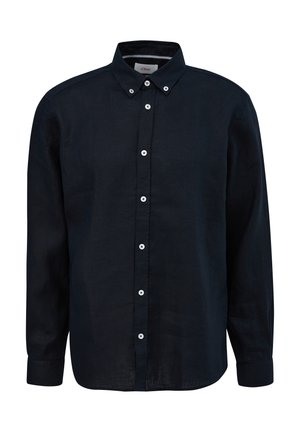 Navy long-sleeve button-up shirt in a linen blend, featuring a spread collar, white buttons, and a curved hem. Smooth texture with classic design.