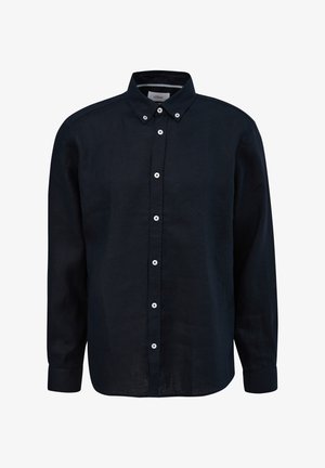 Marineblauwe langemouw button-up shirt in een linnenmix, met een brede kraag, witte knopen en een gebogen zoom. Gladde textuur met een klassiek ontwerp.
