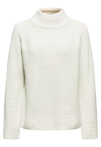 Pull tricoté blanc à col haut, manches raglan et motifs diagonaux subtils en côtes sur les côtés, avec une finition texturée.