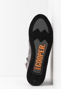 Semelle d’une chaussure grise avec une semelle noire et un texte orange vif « COOPER » et « CANDICE », positionnée verticalement sur un fond blanc en coin.