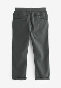 Chinos en coton gris avec une coupe droite, une taille élastique, deux poches arrière et des ourlets retroussés, affichant une texture lisse.