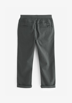 Chinos en coton gris avec une coupe droite, une taille élastique, deux poches arrière et des ourlets retroussés, affichant une texture lisse.