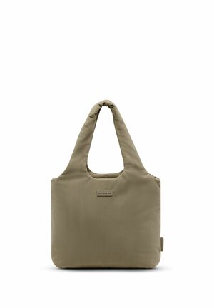 Olivgrüne Stofftasche mit einer weichen, gepolsterten Textur und zwei breiten Griffen, mit einem kleinen rechteckigen Markenlabel vorne.