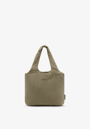 Olive green fabric tote bag with a soft, padded texture and two wide handles, featuring a small rectangular brand label on the front.
