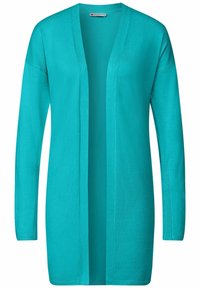 Turkos lång cardigan i strukturerad trikåt. Öppen framsidesdesign med långa ärmar och ribbade detaljer vid ärmarnas fållar.