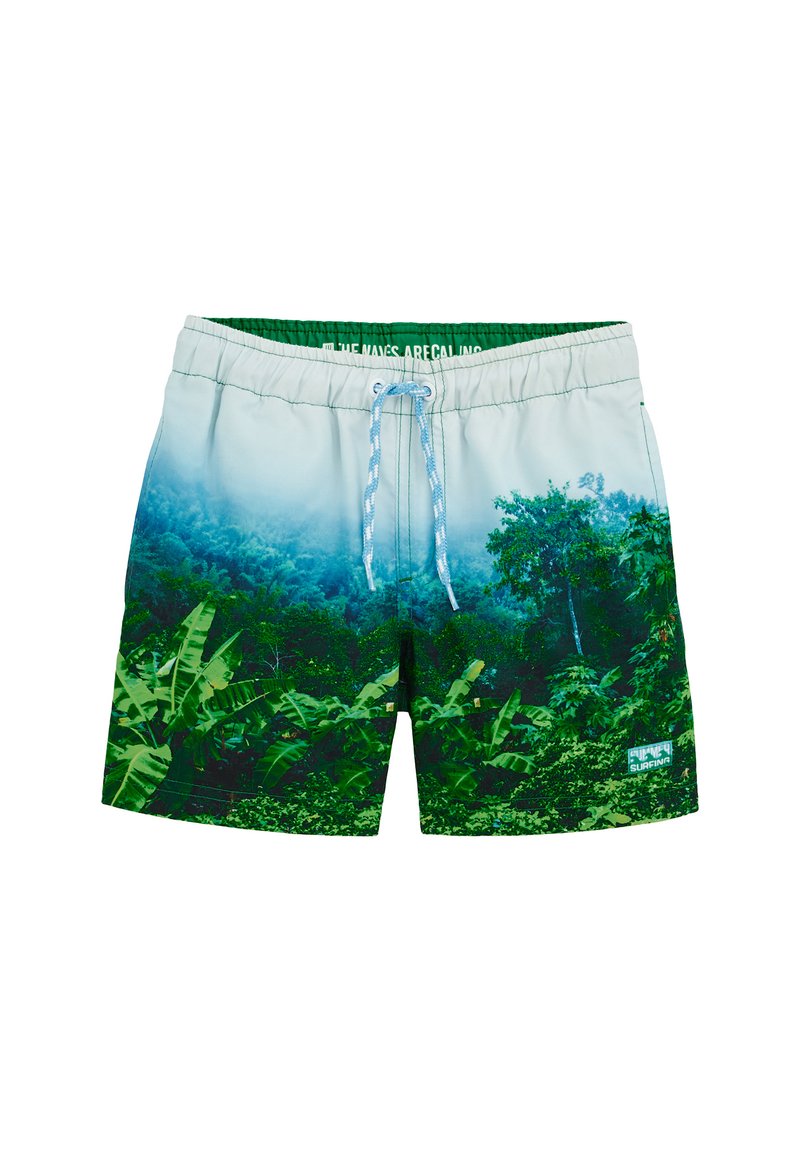 Vandens šortai su žaliu tropikų augalijos raštu, elastingu juosmeniu su raišteliu ir lygia poliesterio medžiaga.
