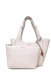 Borsa a tracolla bianca con texture e doppi manici, dotata di una pochette rimovibile con zip, dettagli dorati e bordi neri a contrasto.