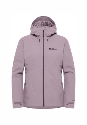 Lichtpaarse waterdichte jas met een capuchon, voorrits en verstelbare manchetten. Bevat een logo aan de linkerkant en heeft een gladde textuur.