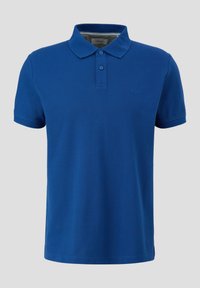 Polo blu in cotone con colletto a costine, apertura con due bottoni e logo ricamato sul petto. È dotato di maniche corte e orlo dritto.
