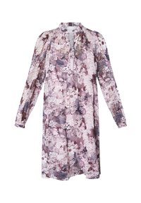 Blommig långärmad klänning i rosa, lila och vita nyanser; lättviktsmaterial; rynkad halsringning; elastiska manschetter; flytande silhuett.