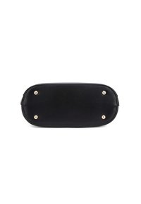 Borsa nera in pelle con forma rettangolare arrotondata, con dettagli in metallo dorato e quattro piedini metallici sul fondo per maggiore stabilità.
