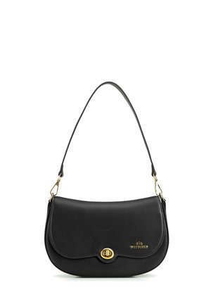 Sac bandoulière en cuir noir avec fermoir twist-lock doré et bandoulière amovible, avec petit logo doré de la marque sur le rabat avant.