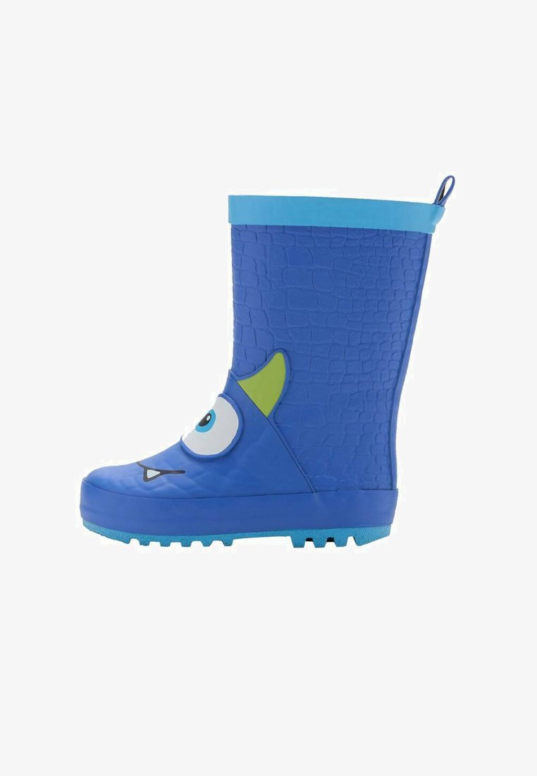 Botte de pluie en caoutchouc bleu avec texture crocodile, accents jaunes et visage de monstre de dessin animé à l'avant. Présente un bord supérieur bleu et une semelle texturée.