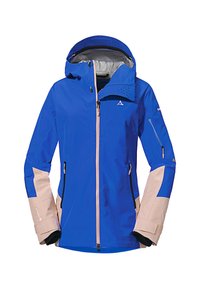 Blaue wasserfeste Jacke mit beigen Akzenten, verstellbare Kapuze und mehreren mit Reißverschluss versehenen Taschen. Aus atmungsaktivem Material und mit einer stromlinienförmigen Silhouette.