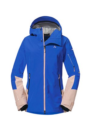 Blaue wasserfeste Jacke mit beigen Akzenten, verstellbare Kapuze und mehreren mit Reißverschluss versehenen Taschen. Aus atmungsaktivem Material und mit einer stromlinienförmigen Silhouette.