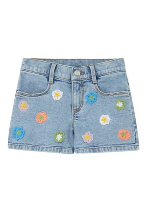Lichtblauwe denim shorts met kleurrijke gehaakte bloemapplicaties verspreid over de voorkant, metalen knoopsluiting en voorzakken.