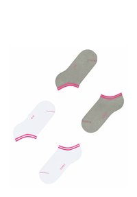 Zwei Paar Knöchelsocken, eines in Grau mit pinken Akzenten und das andere in Weiß mit pinken Streifen, mit weichem Material und einem Design bis zur Mitte der Wade.
