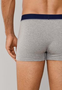 Męski tułów i górna część nóg w szarych bokserkach z granatowym pasem, widziane od tyłu na neutralnym tle.