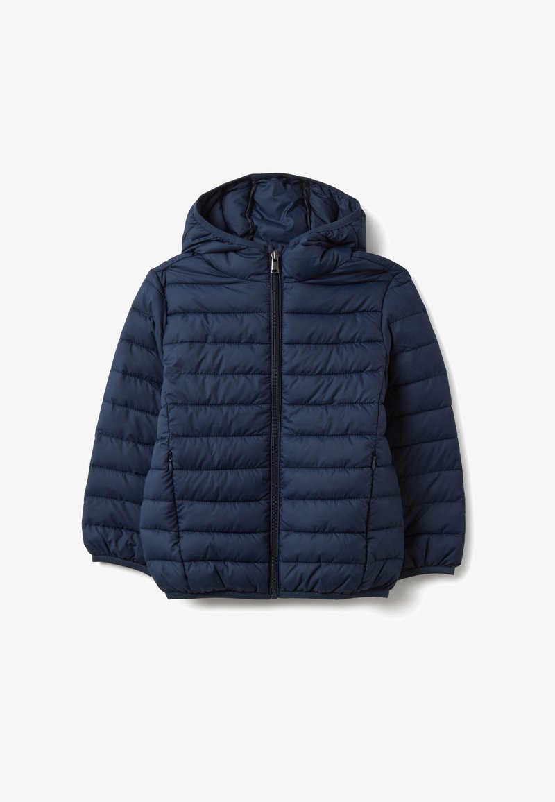 Navyblaue, wattierte Kapuzenjacke mit Frontreißverschluss und seitlichen Reißverschlusstaschen, elastischen Bündchen und horizontalen Steppnähten zur Isolierung.