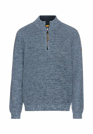 Gebreide pullover in donkerblauw met een kwartrits, geribbelde kraag en een textuurpatroon. Beschikt over nauwsluitende manchetten en een ontspannen pasvorm.