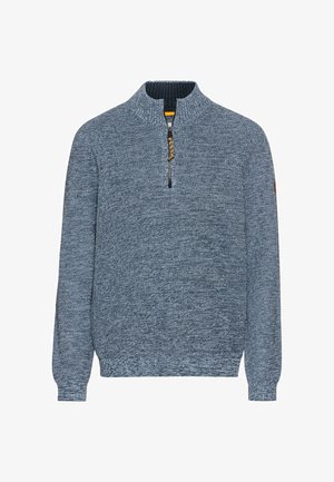 Dunkelblauer Strickpullover mit einem Viertelreißverschluss, geripptem Kragen und strukturiertem Muster. Fittede Bündchen und eine legere Passform.