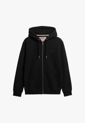 Schwarze Zip-Hoodie aus Baumwollmischung mit verstellbarem Kapuzenzug, zwei Fronttaschen, gerippten Bündchen und einem Logo auf der Brust.