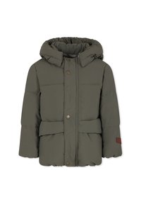 Pufferjakke i olivengrøn, med hætte, trykknapper, to forlommer og belted talje med en struktureret detalje på ærmet.