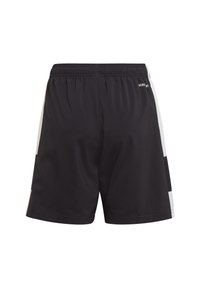 Pantalones cortos deportivos negros con una cintura elástica, que presentan paneles laterales blancos en contraste y un logo en la parte trasera derecha. Textura suave.