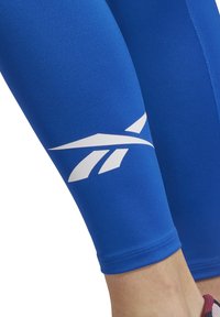 Modré sportovní legíny s hladkým povrchem. Na spodní části nohy se nachází výrazné bílé logo. Švy jsou úhledné a konzistentní.